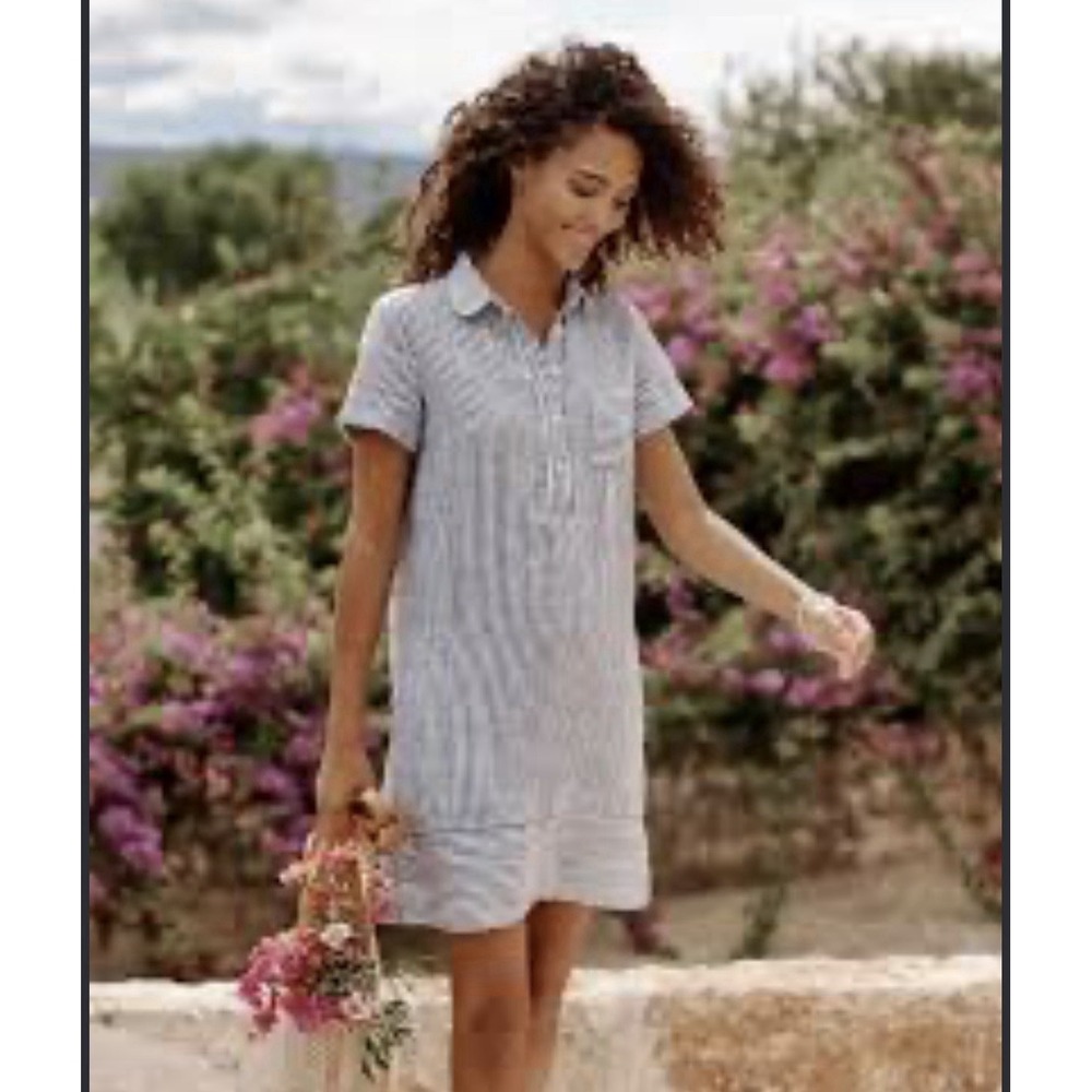 Garnet Hill Suns Out linen relaxed popover shirt dress striped purple Medium